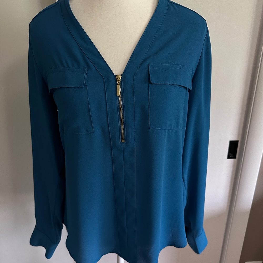 Express Blue Long Sleeve Blouse with V-Neck